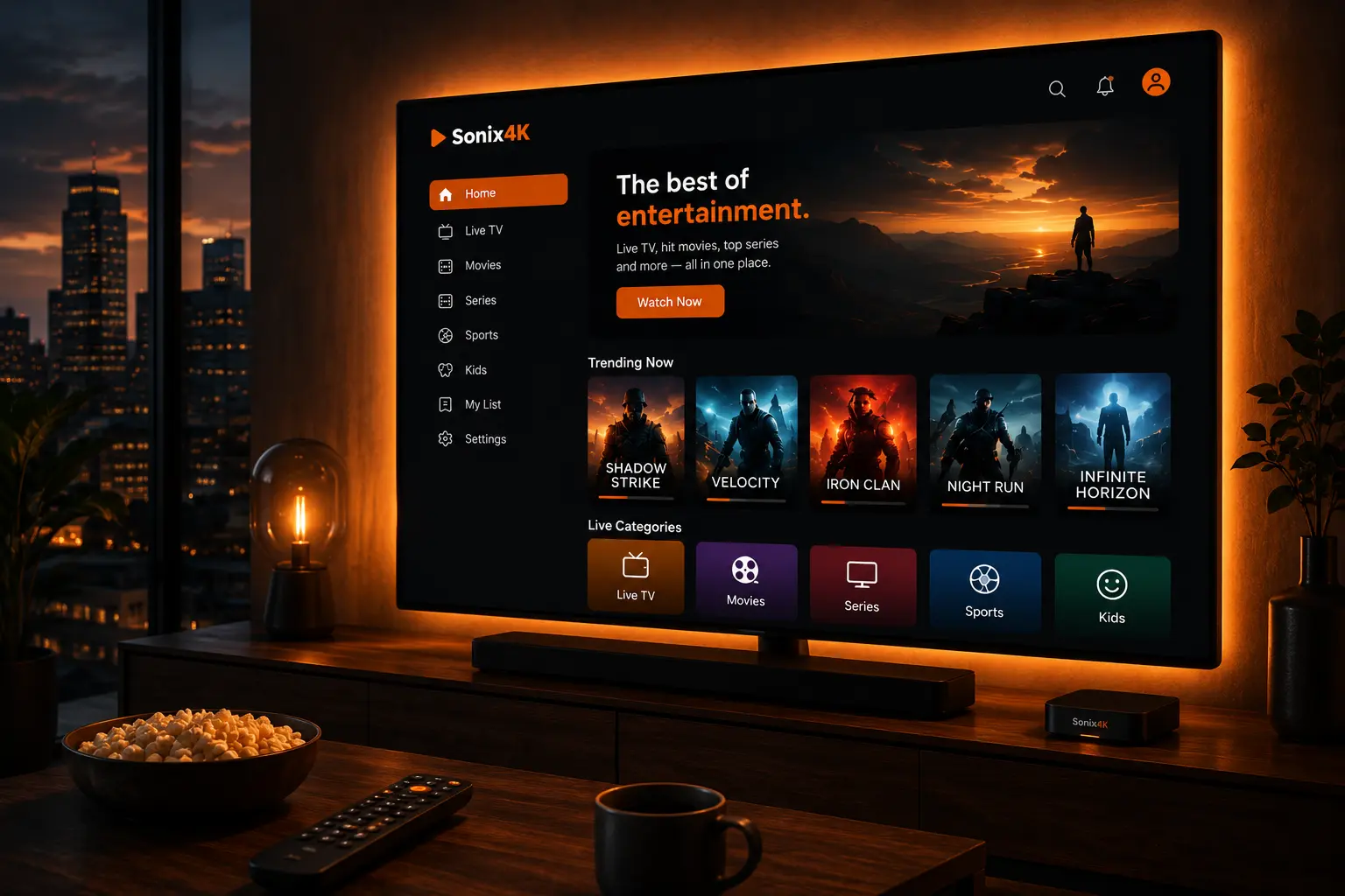 A television screen showing the Sonix4K interface with New This Week, Staff Picks, Family Favorites, and Weekend Watchlist rows